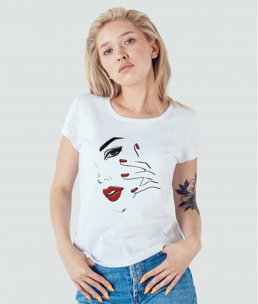 Дамска тениска с щампа Арт Outline face with red lips